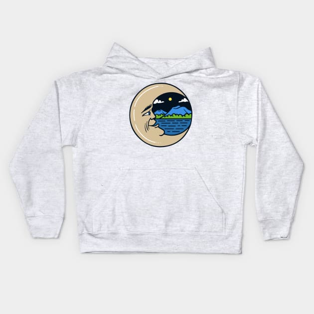 crescent moon mountain view illustration Kids Hoodie by Mako Design 